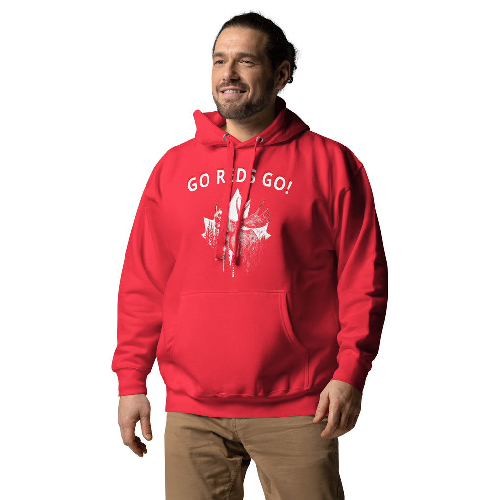 Canada soccer fan wearing red GO REDS GO hoodie male model