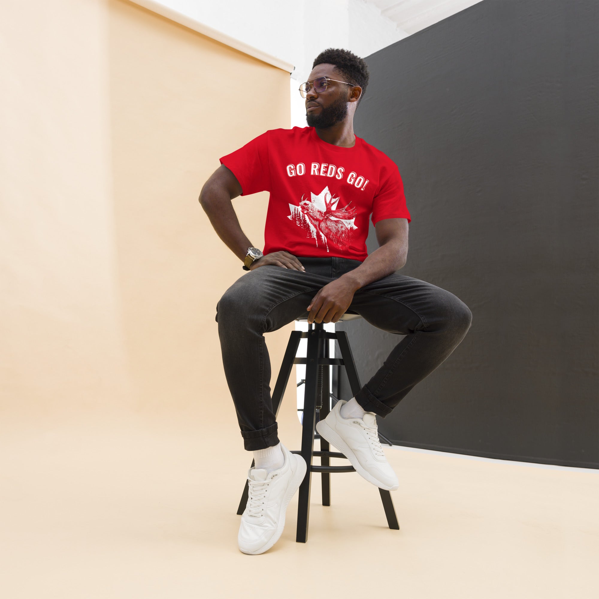 Canada fan gear 2026 red t-shirt casual style sitting pose