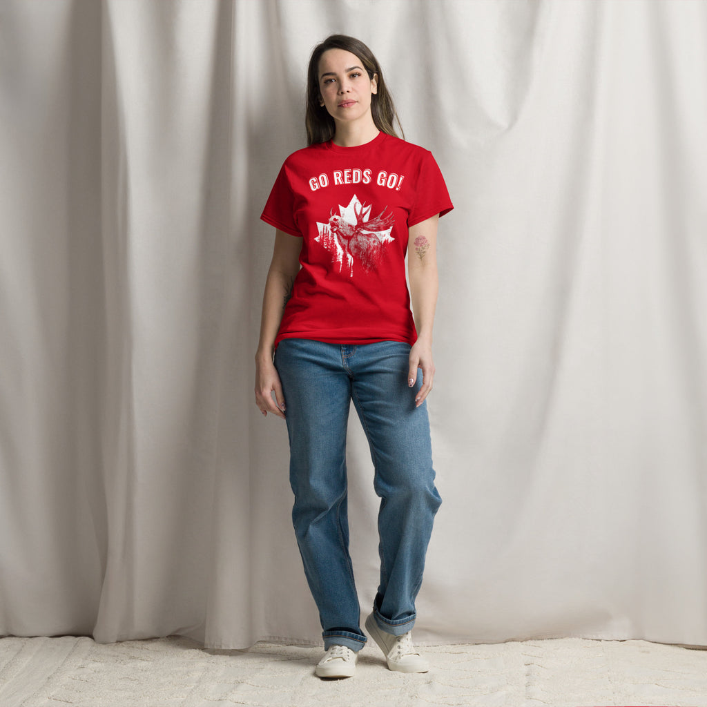 Canada soccer fan wearing red GO REDS GO t-shirt full body female