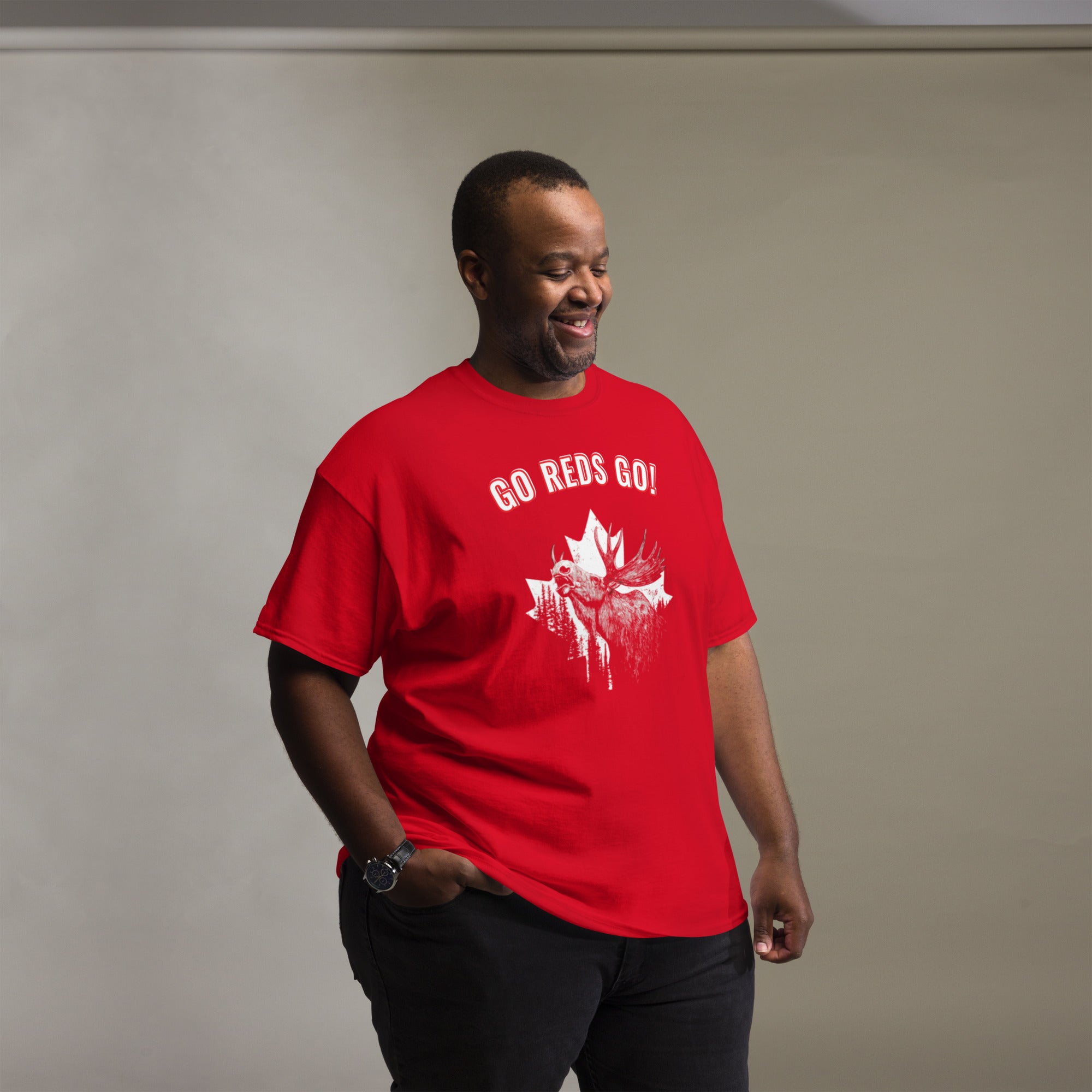 Canada soccer fan red GO REDS GO t-shirt lifestyle shot