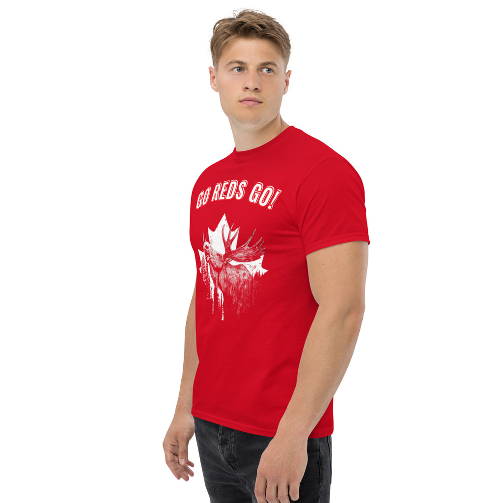 Canada fan wearing red GO REDS GO shirt side view male