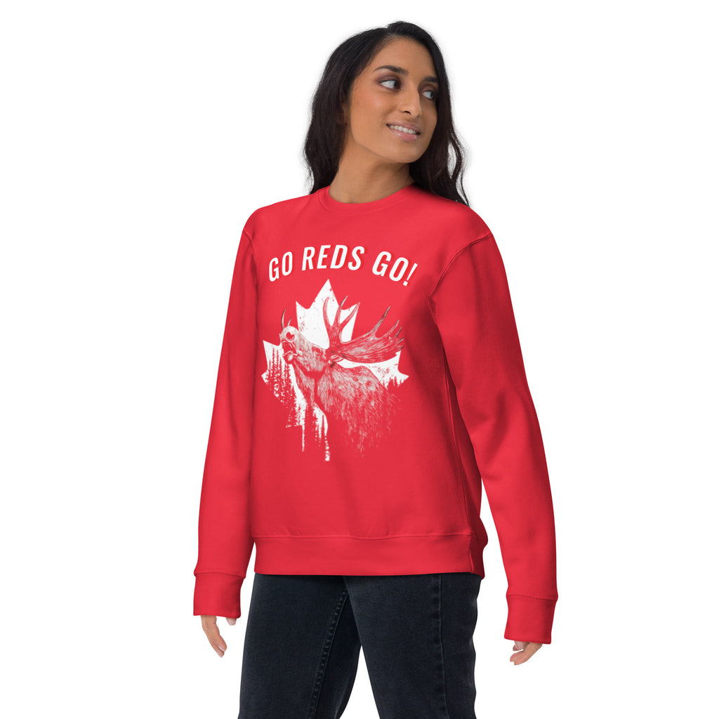 Canada soccer fan wearing red GO REDS GO sweatshirt female model