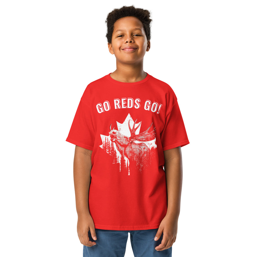 Canada youth soccer fan wearing red GO REDS GO t-shirt front view