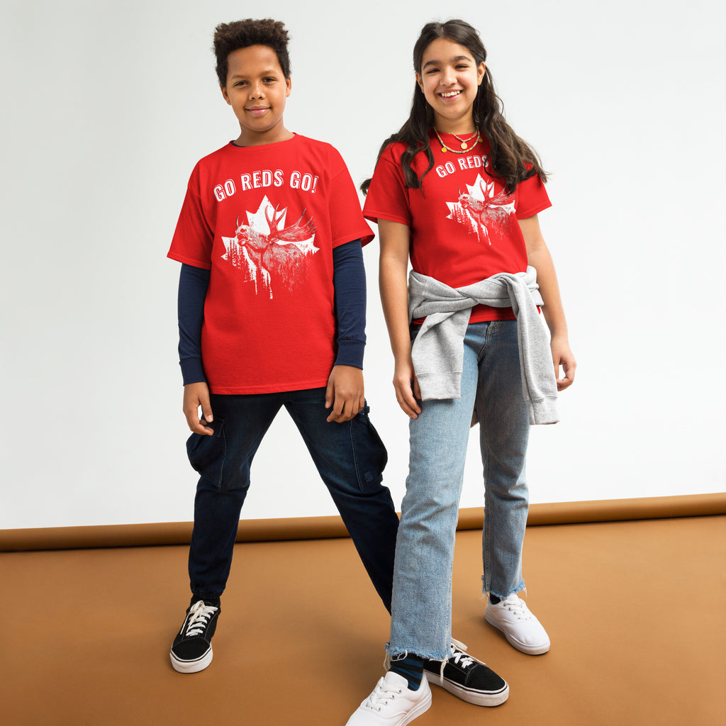 Canada World Cup 2026 kids GO REDS GO t-shirt front view youth models