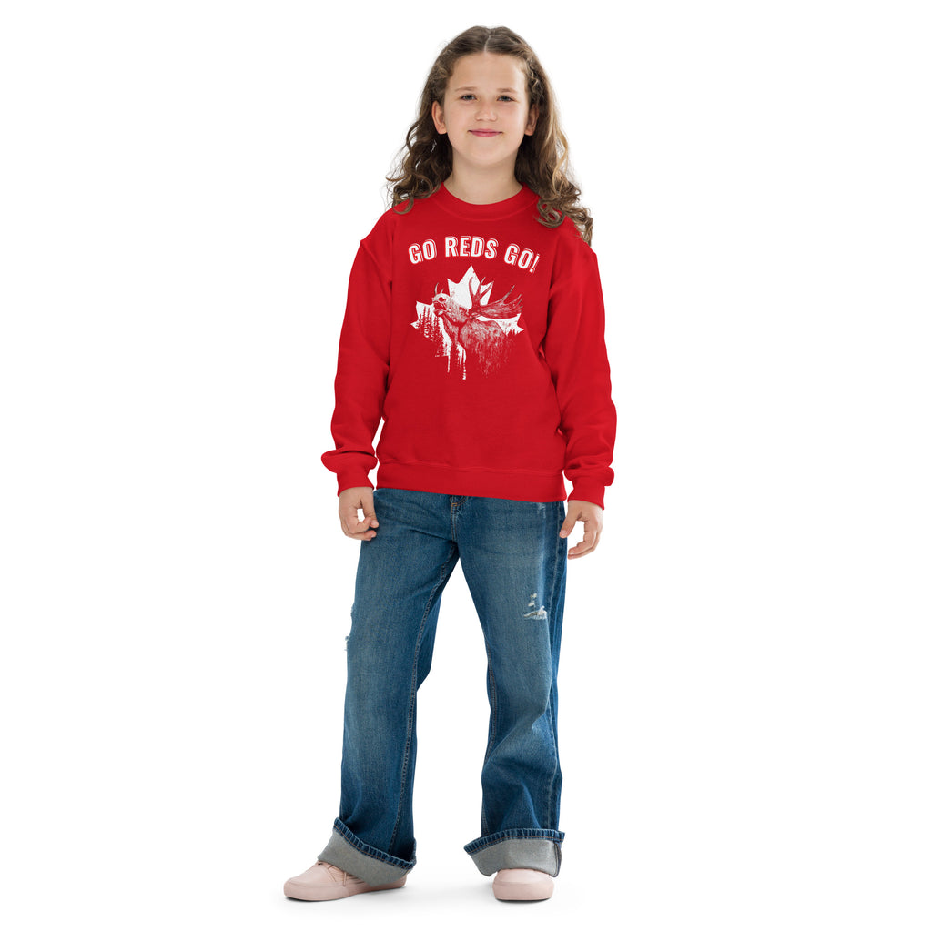 Canada GO REDS GO youth crewneck sweatshirt front view girl model
