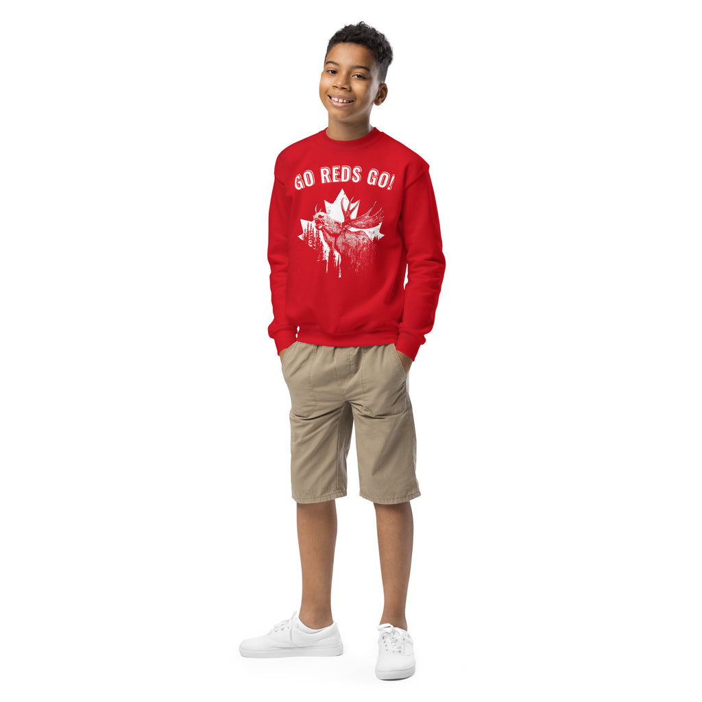 Canada soccer youth sweatshirt front view red GO REDS GO boy model