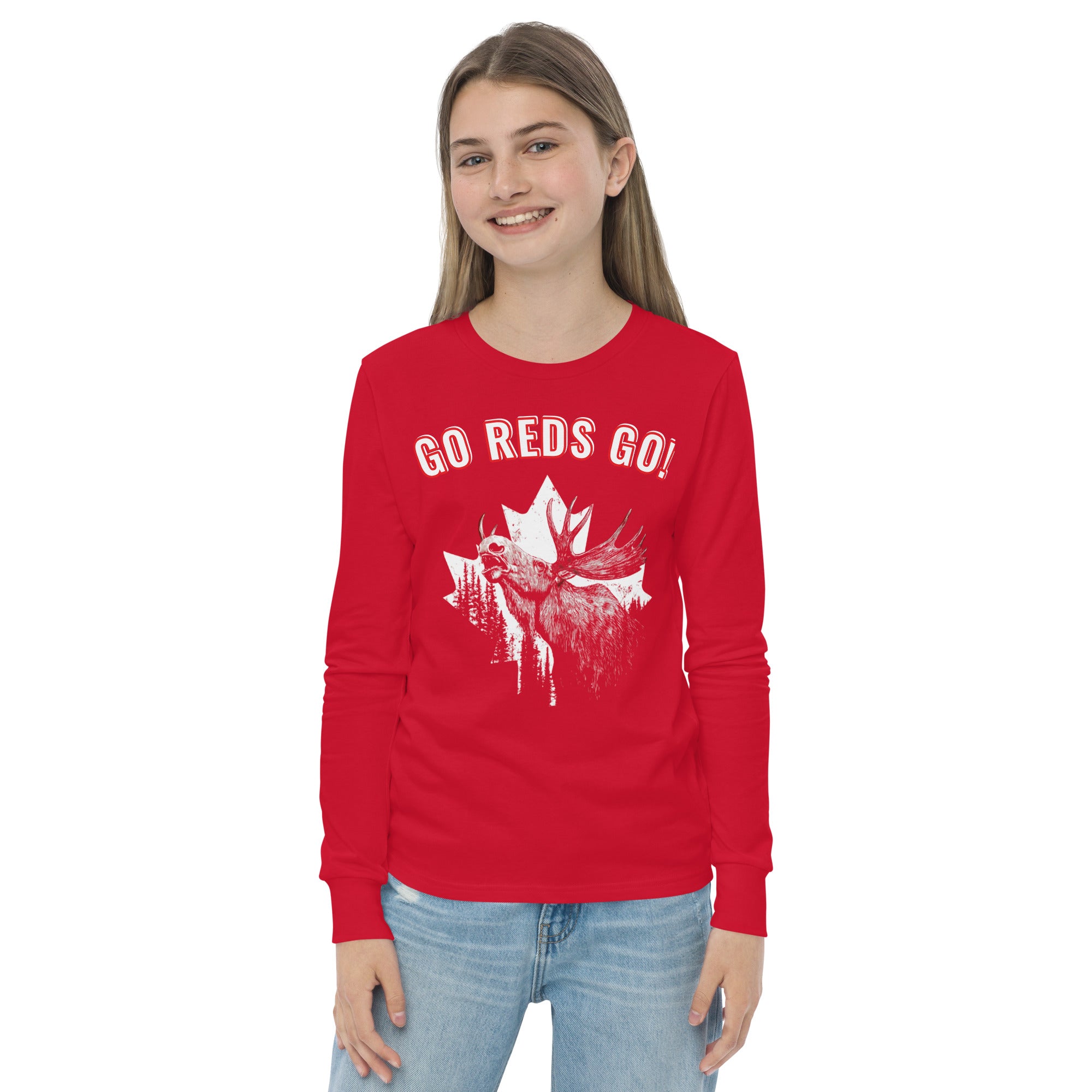 Canada soccer kids long sleeve shirt red GO REDS GO front view