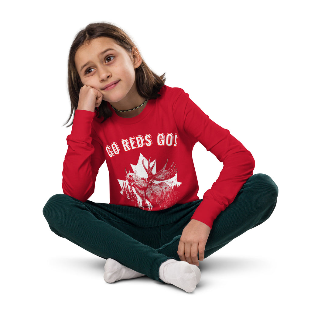 Canada youth long sleeve shirt red GO REDS GO casual sitting pose