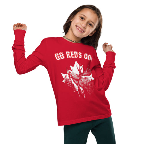 Canada World Cup 2026 kids GO REDS GO long sleeve shirt front view girl model