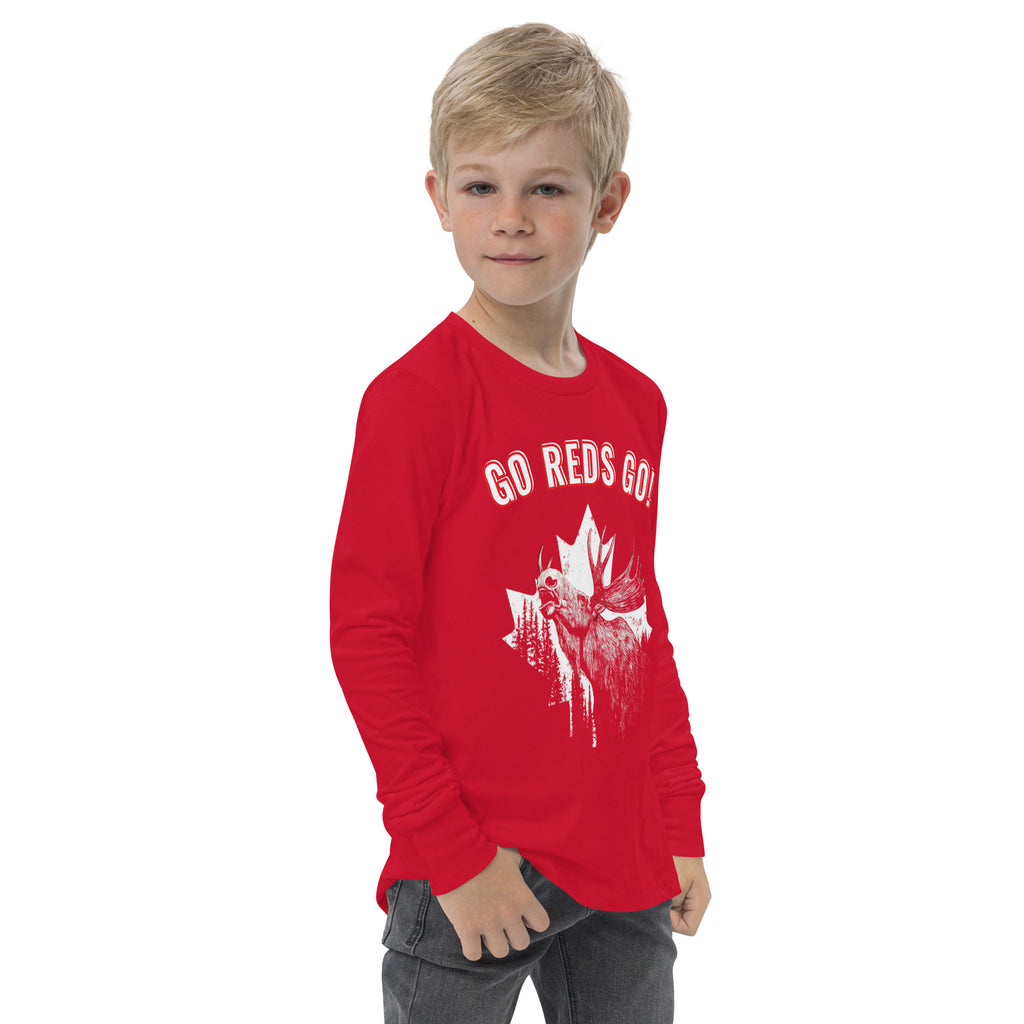Canada soccer youth long sleeve shirt front view red GO REDS GO boy model
